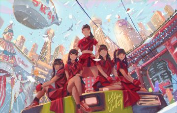 aircraft brown hair building city clouds group long hair original paper ponytail red eyes shrine skirt sky socks uniform wataboku wristwear