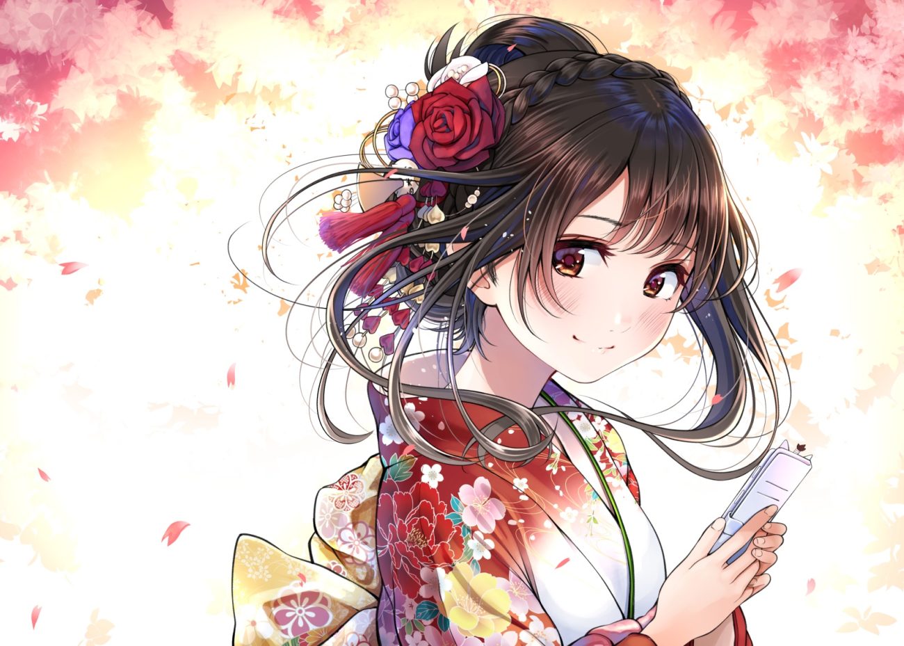 blush braids brown eyes brown hair close flowers headdress japanese clothes kentaurosu kimono original phone rose short hair