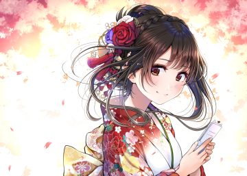blush braids brown eyes brown hair close flowers headdress japanese clothes kentaurosu kimono original phone rose short hair