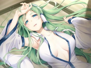 aqua eyes asutora breasts close green hair kochiya sanae long hair open shirt touhou