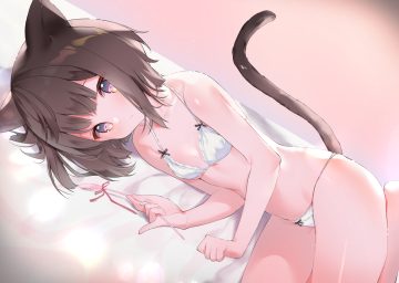 animal ears bed bra brown hair catgirl cona kinaco original panties purple eyes short hair tail underwear