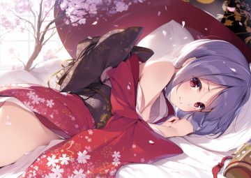 breasts cherry blossoms flowers japanese clothes ke-ta kimono nipples no bra open shirt petals purple eyes red eyes short hair sukuna shinmyoumaru touhou