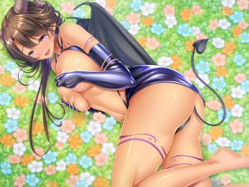 ass barefoot blue eyes blush breast hold breasts brown hair demon dress elbow gloves flowers gloves horns nagatu usagi nipples original panties pointed ears succubus tail underwear wings