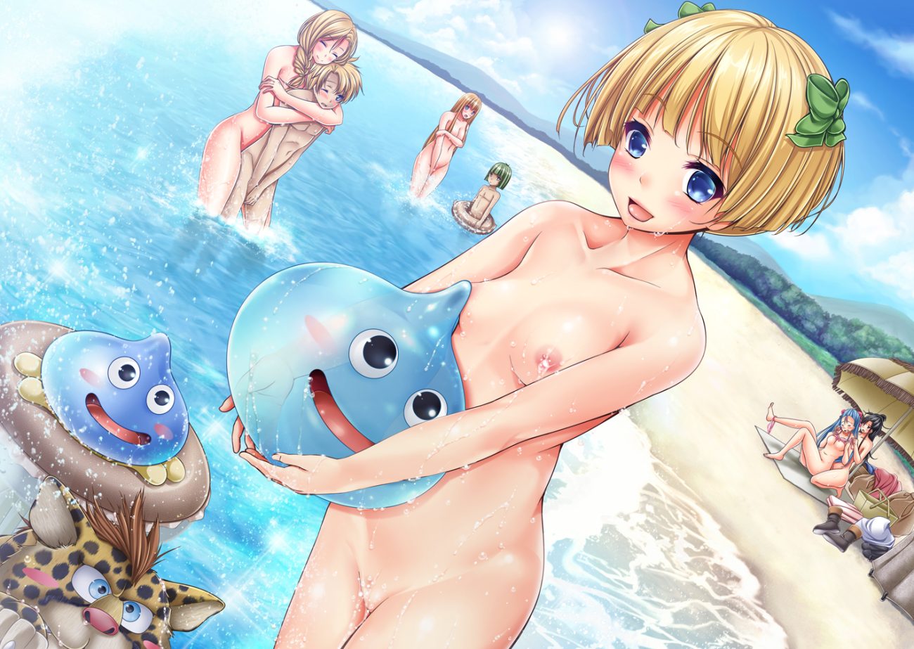 beach bianca breasts deborah dragon quest dragon quest 5 flora group male nagatu usagi nipples nude slime (dragon quest) water wet
