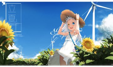 bicolored eyes blush cg (2686805355) clouds dress fang flowers hat kagura gumi kagura mea loli long hair sky summer dress sunflower white hair windmill wristwear