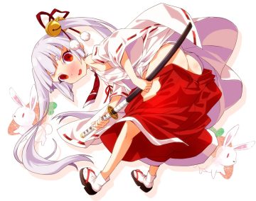 animal ass bell blush busou shoujo machiavellism inaba tsukuyo japanese clothes katana loli long hair miko nopan rabbit ratryu red eyes socks sword twintails weapon white white hair