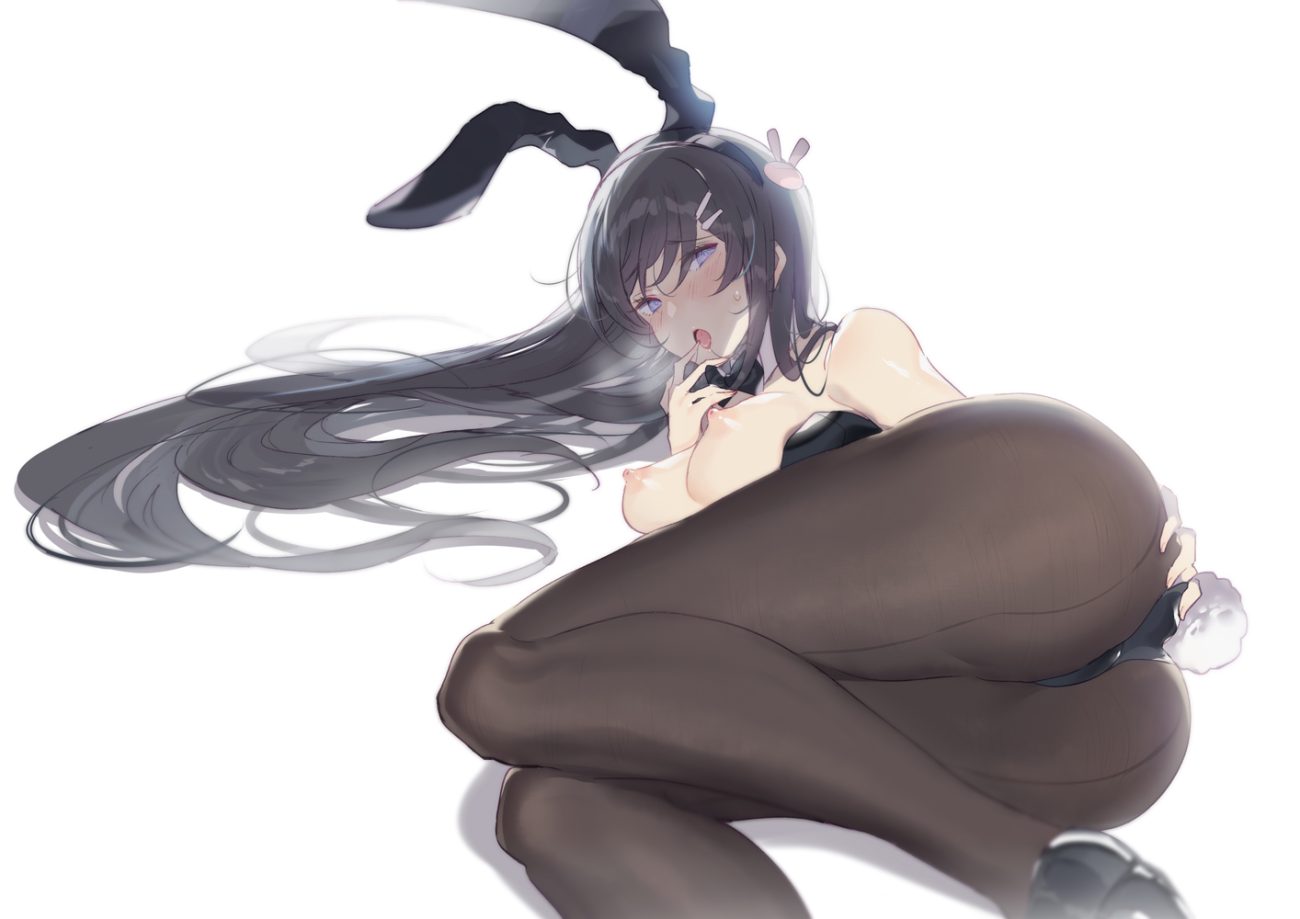 animal ears ass ass grab black hair blue eyes blush breasts bunny ears bunnygirl domotolain erect nipples headband long hair nipples pantyhose sakurajima mai seishun buta yarou tail white