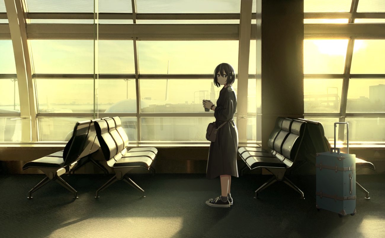 aircraft aliasing black hair clouds dress drink original polychromatic sakeharasu short hair sky socks sunset wristwear
