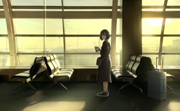 aircraft aliasing black hair clouds dress drink original polychromatic sakeharasu short hair sky socks sunset wristwear