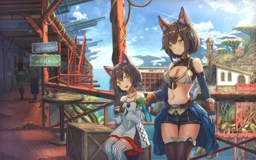 animal ears bikini top boots breasts brown hair building city cleavage clouds dress elbow gloves gloves green eyes navel original scenic short hair shorts sky thighhighs yu ni t zettai ryouiki