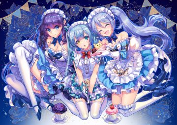 bicolored eyes blue blue eyes blue hair bow cu-rim dress garter gloves headdress kara (king's raid) king's raid long hair maid mirianne (king's raid) sonia (king's raid) stockings thighhighs twintails