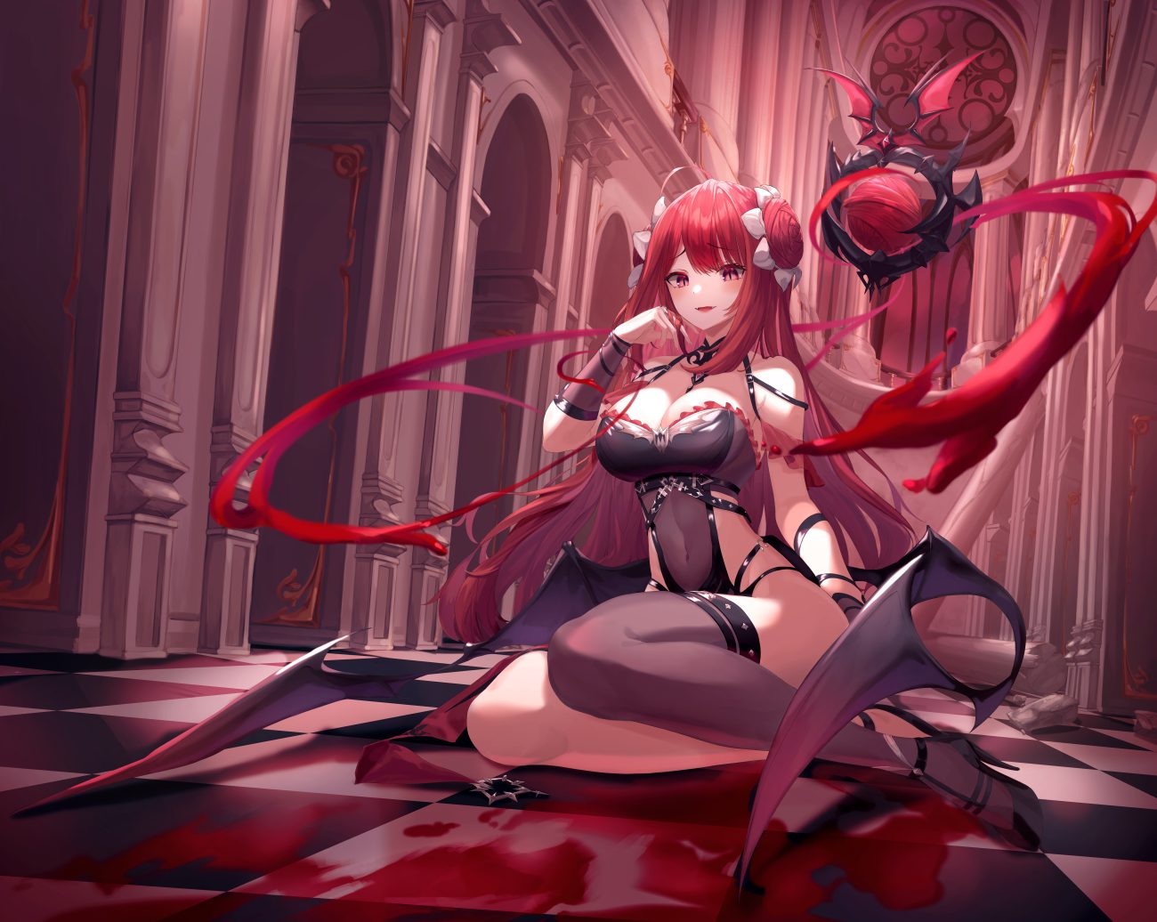 blood breasts cleavage demon erze (king's raid) fang king's raid long hair munseonghwa navel pink eyes red hair see through succubus thighhighs wings wristwear