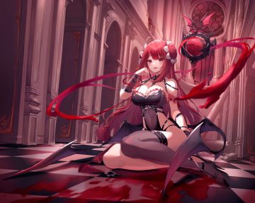 blood breasts cleavage demon erze (king's raid) fang king's raid long hair munseonghwa navel pink eyes red hair see through succubus thighhighs wings wristwear