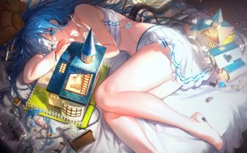 aqua eyes aqua hair barefoot doll hoojiro knife long hair navel original skirt tattoo techgirl