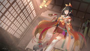 bell black hair gloves japanese clothes kneehighs miko orange eyes original saraki short hair signed thighhighs