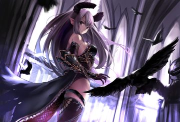 animal armor bird elbow gloves feathers garter gloves gray eyes gray hair horns long hair original pointed ears star741 thighhighs
