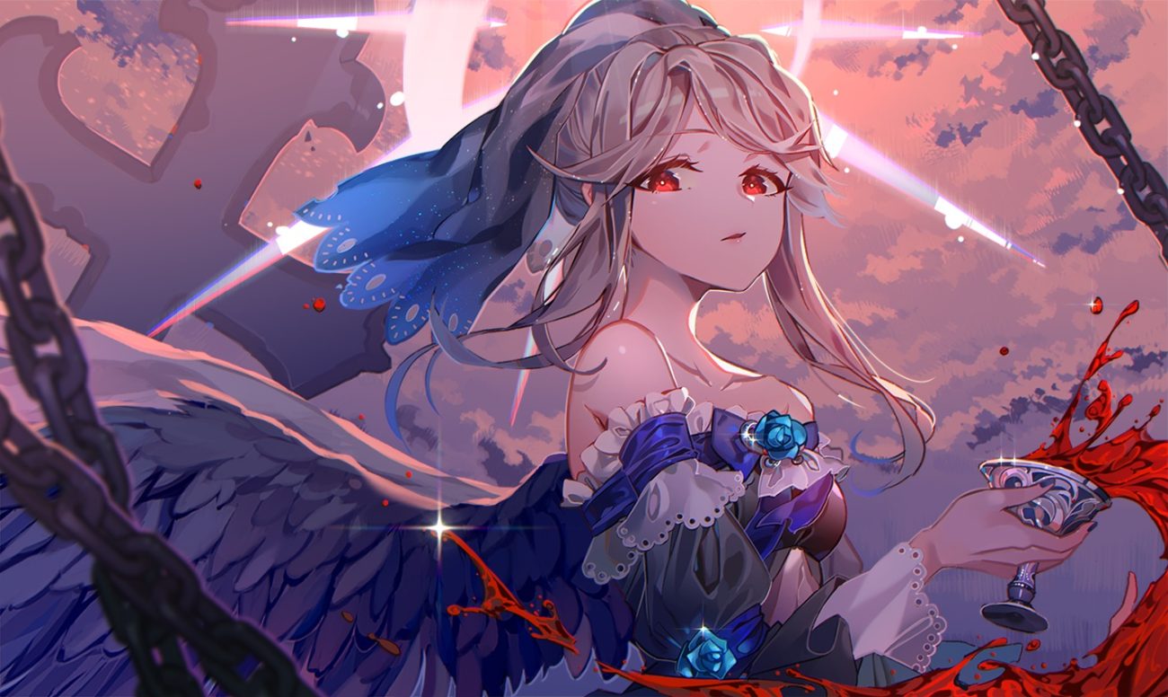 blood brown hair chain clouds cross drink goth-loli headdress idolmaster idolmaster million live! kuri choko lolita fashion long hair red eyes sky tenkuubashi tomoka wings