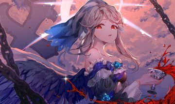 blood brown hair chain clouds cross drink goth-loli headdress idolmaster idolmaster million live! kuri choko lolita fashion long hair red eyes sky tenkuubashi tomoka wings