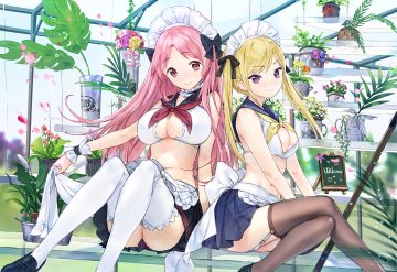 2girls apron blonde hair bow breasts choker cleavage flowers garter belt headdress leaves long hair macciatto (aciel02) maid navel original pink eyes pink hair purple eyes school uniform stockings thighhighs twintails wristwear