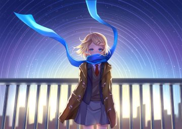 aqua eyes blonde hair building city earmuffs kagamine rin mikmix scarf school uniform short hair silhouette skirt sky stars tie vocaloid