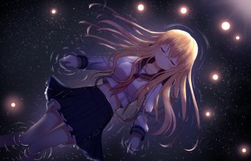blonde hair long hair mimikaki (men bow) navel original reflection school uniform skirt stars water