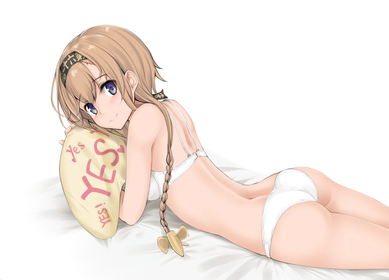 anthropomorphism ass bed blue eyes bra braids brown hair headband kantai collection long hair nn tasu panties teruzuki (kancolle) underwear waifu2x white