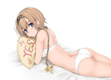 anthropomorphism ass bed blue eyes bra braids brown hair headband kantai collection long hair nn tasu panties teruzuki (kancolle) underwear waifu2x white