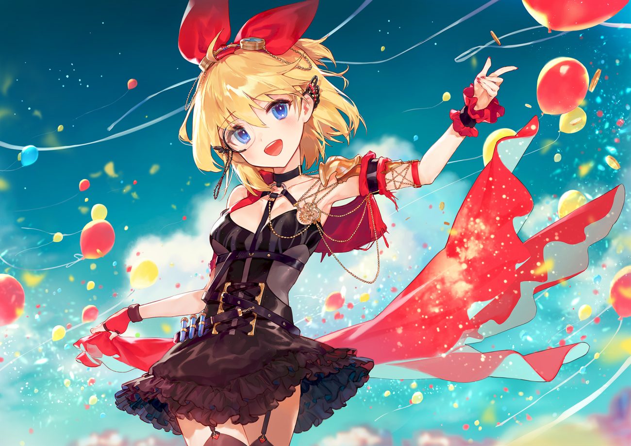 ainy77 annette (king's raid) blonde hair blue eyes clouds dress garter belt glasses gloves goggles headband king's raid short hair sky stockings thighhighs wristwear