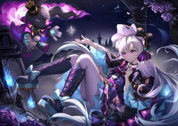 boots bow building bunny choker clouds dress flowers goth-loli headdress king's raid lavril (king's raid) lolita fashion long hair moon narae night purple eyes rose silhouette sky stars white hair