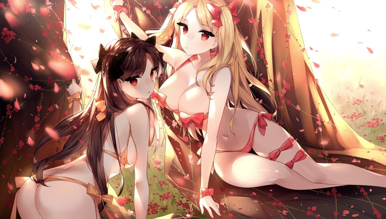 2girls ass bikini blonde hair bow breasts brown hair cleavage ereshkigal (fate/grand order) fate/grand order fate (series) flowers garter grass ishtar (fate/grand order) long hair navel red eyes ribbons swimsuit touwa nikuman tree twintails wristwear