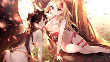 2girls ass bikini blonde hair bow breasts brown hair cleavage ereshkigal (fate/grand order) fate/grand order fate (series) flowers garter grass ishtar (fate/grand order) long hair navel red eyes ribbons swimsuit touwa nikuman tree twintails wristwear