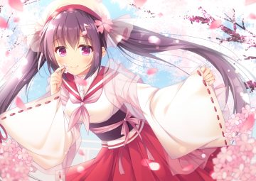 blush brown hair cherry blossoms flowers fujikura ryuune hat japanese clothes long hair miko original petals pink eyes school uniform see through twintails