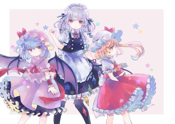 apron blonde hair blue hair braids flandre scarlet gray hair hat headdress hiyuu (hiyualice) izayoi sakuya kneehighs maid pointed ears red eyes remilia scarlet ribbons short hair skirt touhou vampire wings wristwear