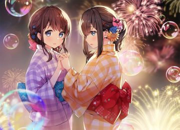 2girls aqua eyes ayamy bow braids brown hair bubbles fireworks japanese clothes kiohana miro miyawaki sana original ponytail short hair shoujo ai yukata