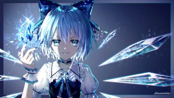 aqua eyes aqua hair bow choker cirno close fairy kazunehaka magic short hair touhou watermark wings wristwear