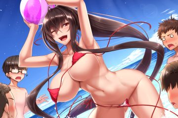 akitsuki karasu ball beach bikini brown hair clouds glasses group long hair male navel original ponytail red eyes short hair sky swimsuit undressing water wink