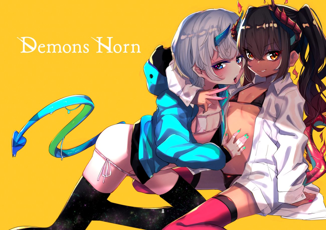 2girls bikini black hair blue eyes blush cameltoe dark skin fang fire flat chest gray hair hood horns horonamin hug loli long hair open shirt orange eyes original shirt short hair swimsuit tail thighhighs twintails yellow