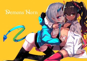 2girls bikini black hair blue eyes blush cameltoe dark skin fang fire flat chest gray hair hood horns horonamin hug loli long hair open shirt orange eyes original shirt short hair swimsuit tail thighhighs twintails yellow