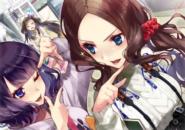 aqua eyes black hair blue eyes blush brown hair camera close fate/grand order fate (series) hat hood katsushika hokusai leonardo da vinci (fate) long hair osakabehime ponytail purple hair short hair signed utayoi (umakatare) wink