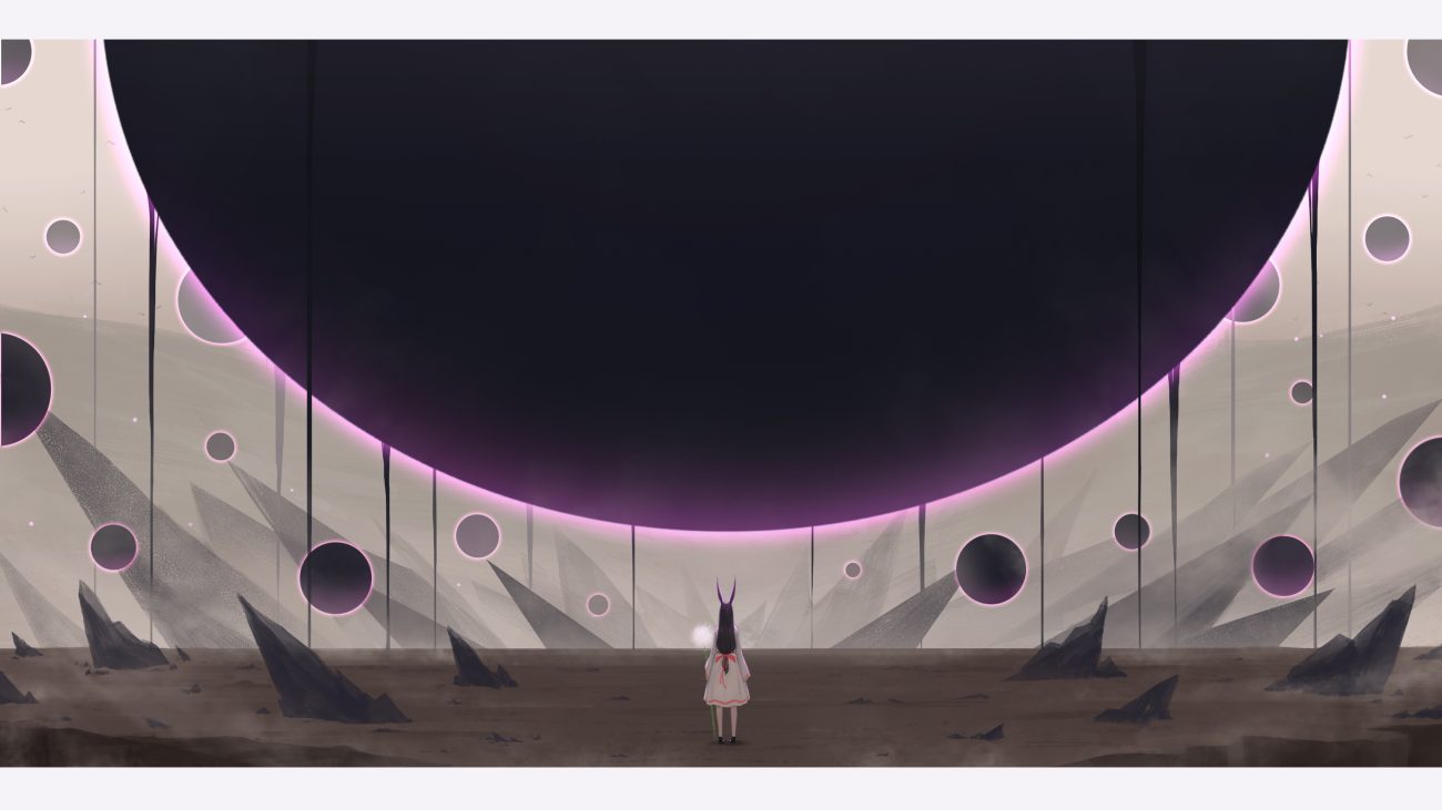 animal ears black hair bow bunny ears bunnygirl dress long hair original ribbons scenic staff yao ren gui