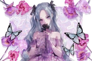 aqua hair butterfly dress flowers long hair magako original purple eyes tears twintails wristwear