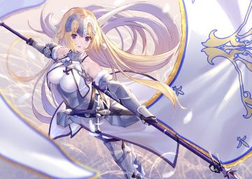 armor blonde hair blue eyes breasts chain dress elbow gloves fate/grand order fate (series) gloves headdress jeanne d'arc (fate) long hair spear sword takubon thighhighs weapon