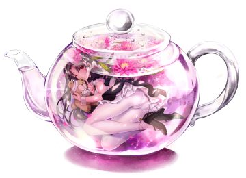 apron ass bandage black hair bubbles drink flowers long hair maid original panties pantyhose pierorabu red eyes teddy bear twintails underwater underwear water white wink wristwear