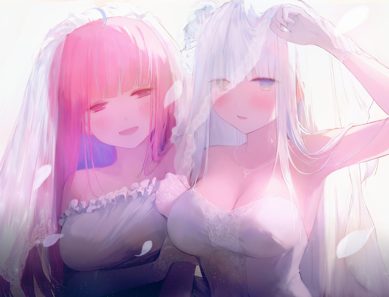 2girls bicolored eyes blush breasts cleavage close gloves headdress hololive hug kagura gumi kagura mea long hair minato aqua muike necklace petals pink eyes pink hair shoujo ai wedding wedding attire white hair