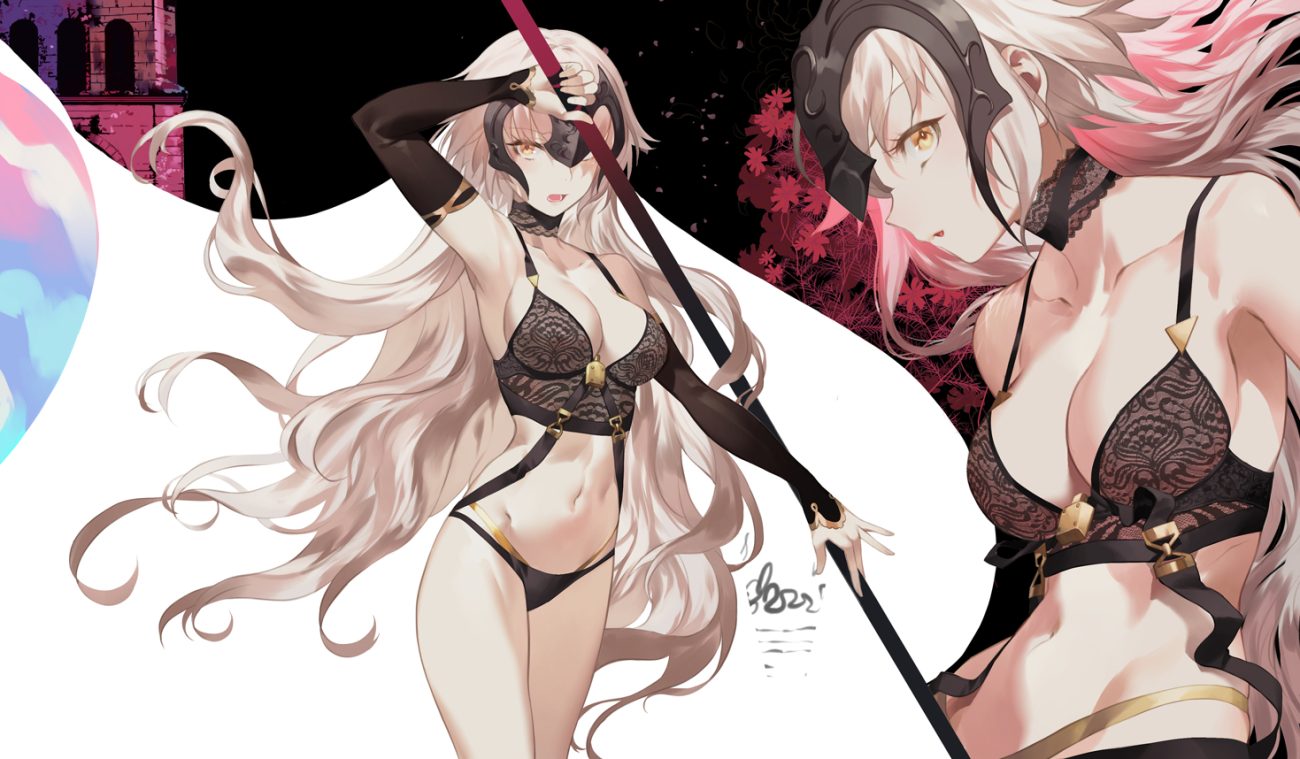blonde hair breasts choker cleavage fate/grand order fate (series) headdress jeanne d'arc alter jeanne d'arc (fate) long hair navel panties salmon88 staff underwear weapon yellow eyes