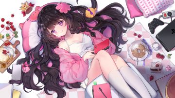 black hair book braids breasts cake cherry cleavage crown dress food fruit game console kneehighs long hair original primcoco purple eyes strawberry summer dress