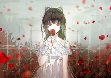 aliasing animal ears brown hair dress flowers long hair naru (ul) original petals red eyes ribbons rose summer dress