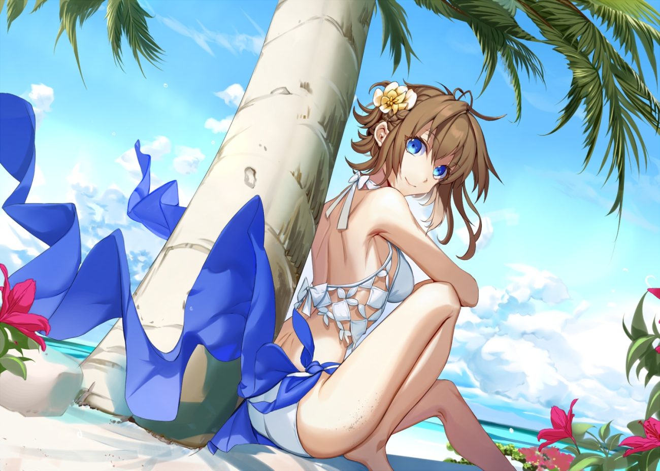 aqua eyes ass barefoot beach bikini braids brown hair clouds ddaomphyo flowers original short hair sky swimsuit tree water
