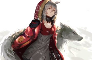 animal animal ears an yasuri arknights breasts cleavage dress gray hair hood knife projekt red (arknights) short hair weapon white wolf wolfgirl yellow eyes