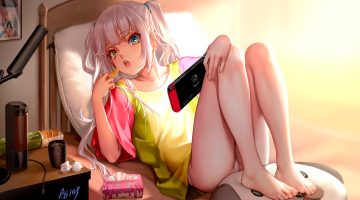 as109 barefoot bed bicolored eyes cropped drink food game console kagura gumi kagura mea long hair panties signed twintails underwear white hair